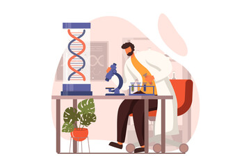 Science laboratory web concept in flat design. Man scientist making test on microscope and examines DNA molecule on lab equipment. Microbiology and genetic. Illustration with people scene
