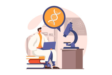 Science laboratory web concept in flat design. Man scientist making test on microscope and examines DNA molecule and processing research results on laptop. Illustration with people scene