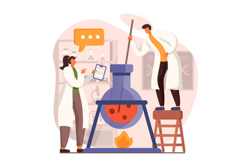 Fototapeta premium Science laboratory web concept in flat design. Woman and man scientists making chemical test in huge tube. Researchers make new experiments in flasks in lab. Illustration with people scene