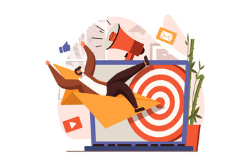 Social media marketing web concept in flat design. Marketer makes ad campaign for target audience and creating promotional content. Advertising and promotion. Illustration with people scene