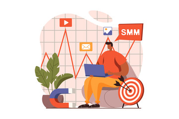 Social media marketing web concept in flat design. Marketer creates success SMM strategy, studies target audience and creates content. Advertising and promotion. Illustration with people scene