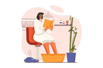 Obraz na płótnie Canvas Spa salon web concept in flat design. Woman in bathrobe receives foot and heel care bath procedure, enjoys facial mask and reads book in cosmetology clinic. Illustration with people scene