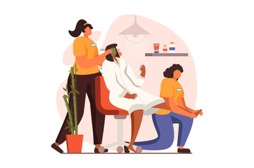 Spa salon web concept in flat design. Professional cosmetologist makes facial mask and beauty skin care procedure, masseuse making massage foots of female client. Illustration with people scene