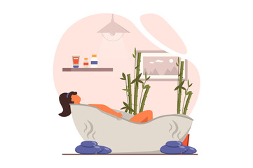 Spa salon web concept in flat design. Woman lies in bath and receives skin care procedure, relaxing and enjoys aromatherapy. Cosmetology and hygiene procedure. Illustration with people scene