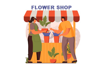 Street shops web concept in flat design. Man buys houseplant in street flower shop. Woman florist sells plants and blooming flowers bouquets in showcase kiosk. Illustration with people scene