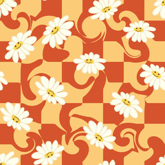 Retro Smile Chamomile Seamless Pattern on 1970 Wavy Swirl Seamless Pattern. Hippie Aesthetic.