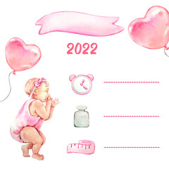 Children's poster, height, weight, time, date of birth. Illustration of a newborn's metric for a girl