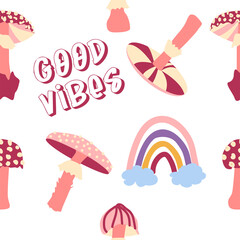 Magic psychedelic drug mushrooms, Chamomile, rainbow seamless pattern. Psychedelic hallucination. 60-70s hippie