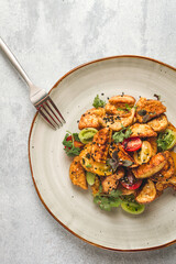 Salad, crispy eggplant in batter, with cherry, sesame seeds, olive oil, homemade, no people,