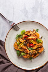Salad, crispy eggplant in batter, with cherry, sesame seeds, olive oil, homemade, no people,