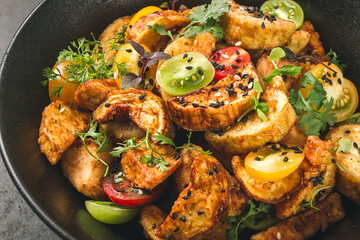 Salad, crispy eggplant in batter, with cherry, sesame seeds, olive oil, homemade, no people,