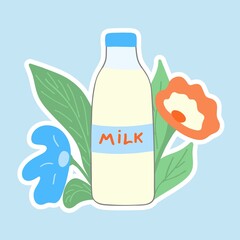 Bottle of milk in flowers. Sticker - sticker. Milk day. Flat illustration .Vector