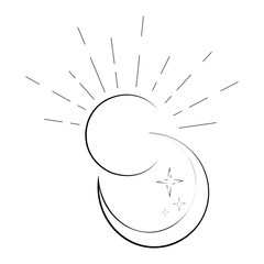 moon with stars together with bright sun on white background, moon with stars together with sun sketch for minimalist tattoo