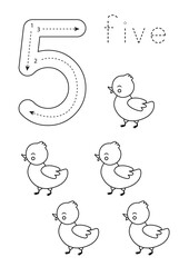 Flashcard number 5. Preschool worksheet. Black and white farm animals.