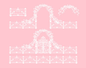 white vector silhouette of elegant entrance arch for wedding ceremony with ornate gate doors and fence decorated with blooming sakura tree branches