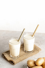 Two glasses of vegan potato milk and potato tubers on concrete on white. Copy space.