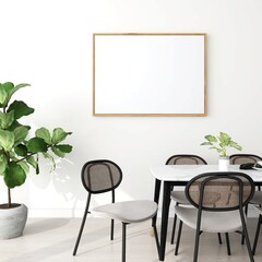 Dining room with horizontal frame mockup, ornamental plants, chairs and decor. 3d rendering, interior design, 3d illustration