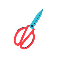 Cut tool with open metal steel shears and plastic handle. Hand drawn modern naive illustration, isolated vector art