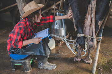 Asian farmer Work in a rural dairy farm outside the city,Young people with cow