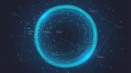 Futuristic blue sphere consisting of connection networks, neural communication bundle of big data cyber space, tech business analytical, monitor screen in perspective
