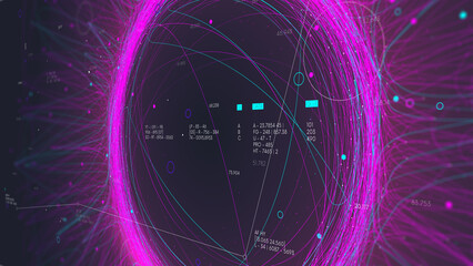 Futuristic technology background cluster analysis polygon structure plexus business presentation, processing big data network, virtual binary data stream, monitor screen in perspective