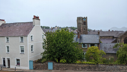 The church tower and clock, St. Mary and All Saint, Conwy, North Wales, UK