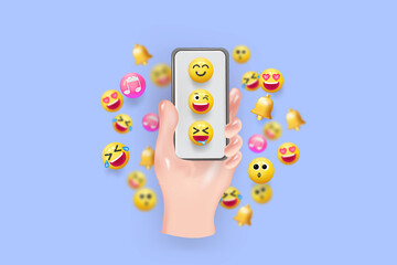 Social media concept. Marketing time. Realistic3d design. Cartoon style. In hand phone sends emoticons of emotions to friends. Mobile Template Social network. smile icon. 3d Vector illustration