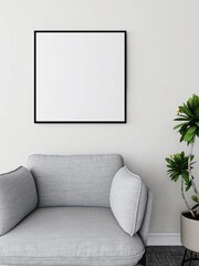 Living room with square frame mockup, gray sofa and ornamental plant. 3d rendering, interior design, 3d illustration