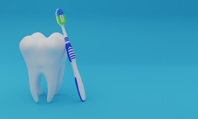 Fototapeta na wymiar 3d illustration, tooth and toothbrush, oral hygiene concept, blue background, copy space 3d rendering