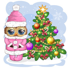 Greeting Christmas card Cute Cartoon Owl with Christmas tree on a white background