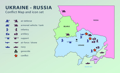 Ukraine Russia conflict map and icon set - vector