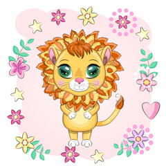 Cartoon lion with expressive eyes. Wild animals, character, childish cute style.