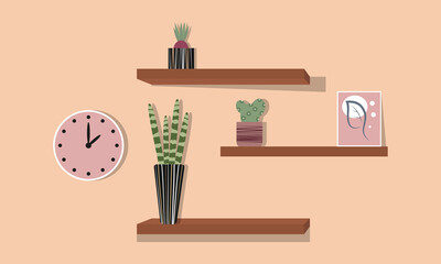 Cactuses in pots stand on the shelves. Decorative plants set isolate on white background. Vector illustrations set