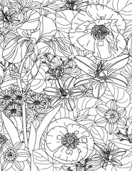 Floral pattern in black and white. Coloring page: very interesting and relaxing work for  adults. Floral carpet.