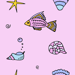 Seamless pattern with fish, shells and starfish with bubbles for girls. Vector illustration for print, textile, childrens clothing, wrapping paper, menu, for kids.