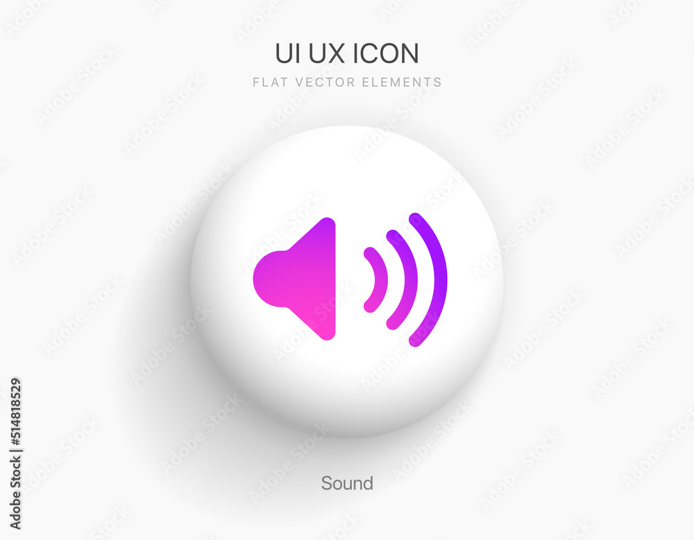 Fototapete Speaker and sound icon. Computer voice icon. Megaphone and music icon. Sound pictogram. Musical note. Audio sign. UI UX element. Sound button. Audio system, noise with soft UI, neumorphism.
