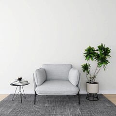 Wall mockup of a living room with a gray sofa, decorated table and ornamental plant. 3d rendering, interior design, 3d illustration