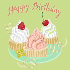 Happy birthday greeting card with cupcakes, ribbons and inscription. Vector graphics