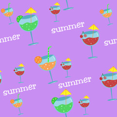 Seamless pattern illustration of summer fruit cocktail with umbrella on purple background with summer lettering. Print on napkins, tablecloths, summer print for clothes, banner.