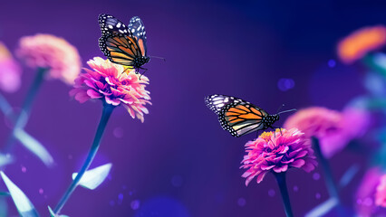 Monarch orange butterflies and pink summer flowers in a fairy garden. - 514819314