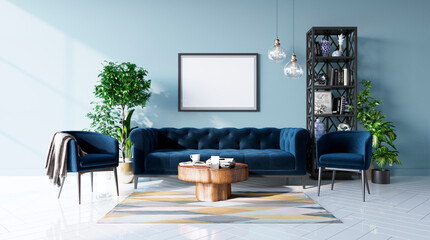 Mock up poster of a living room in a contemporary style. Stylish sofa with a dark blue armchair, a coffee table and flowerpots. 3d rendering	