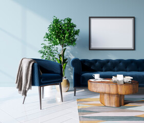 Mock up poster of a living room in a contemporary style. Stylish sofa with a dark blue armchair, a coffee table and flowerpots. 3d rendering