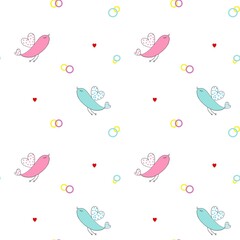 A hand-drawn drawing of singing birds, on a white background, children's doodles is an endless background for fashionable design of textile fabrics or web wallpapers