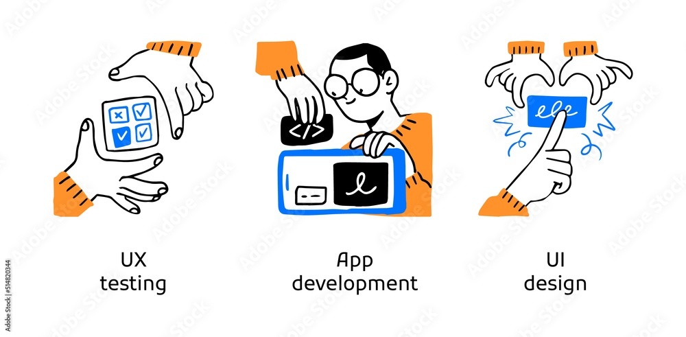 Poster user interface and app development - abstract business concept illustrations. ux testing, app develo