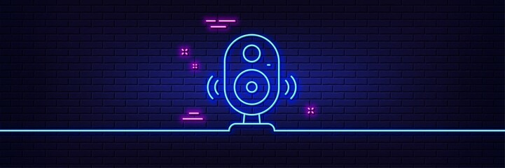 Neon light glow effect. Speaker line icon. Computer component sign. Sound symbol. 3d line neon glow icon. Brick wall banner. Speaker outline. Vector