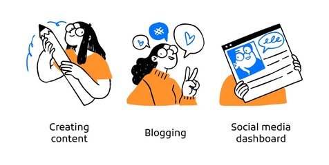 Social media marketing solutions- set of business concept illustrations. Creating content, Blogging, Dashboards. Visual stories collection