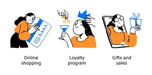 Online shopping and customer loyalty program - set of business concept illustrations. Visual stories collection.