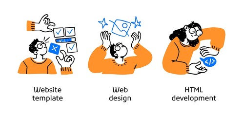 Website design and development- set of business concept illustrations. Web design, Website template, HTML website development. Visual stories collection