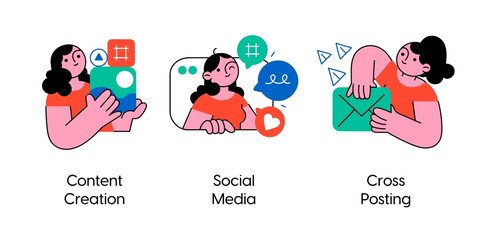 Social media marketing solutions- set of business concept illustrations. Content creation, Social media, Cross-posting. Visual stories collection