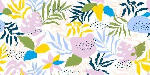 Tapeten Modern seamless pattern with exotic leaves.Abstract background with tropical plants for paper, wallpaper, cover, fabric and other users. Vector illustration © Liliya